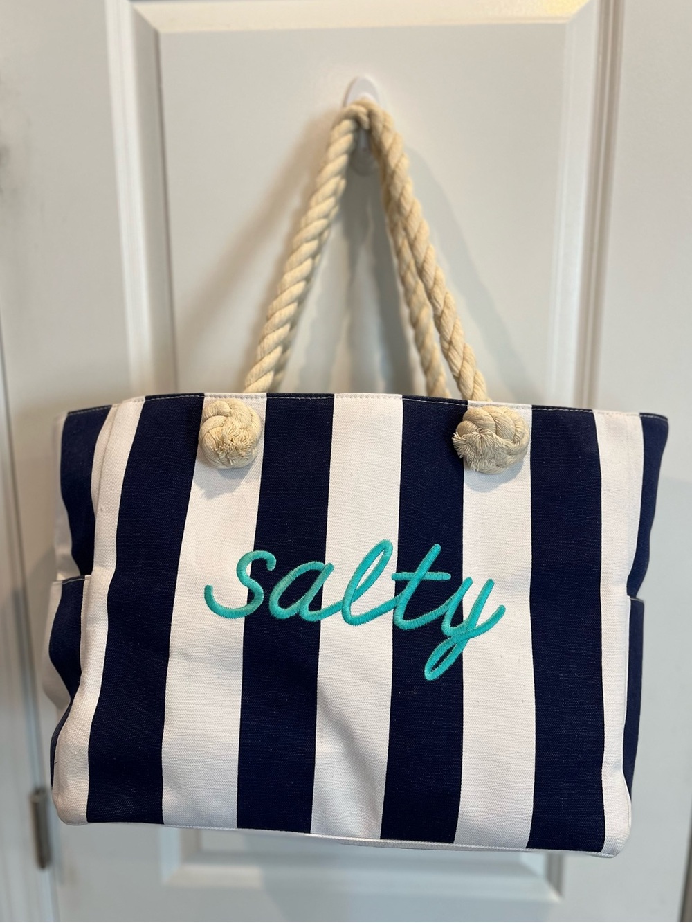 Belle Beach by Kim Gravel Seaside Cabana Stripe Beach Bag Salty Script Navy